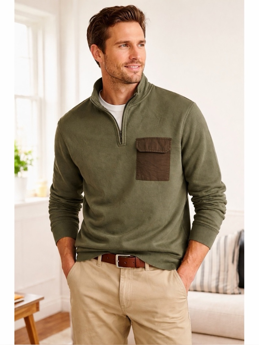 Boden Men's Olive Quarter Zip Sweater with Chest Pocket Size XL